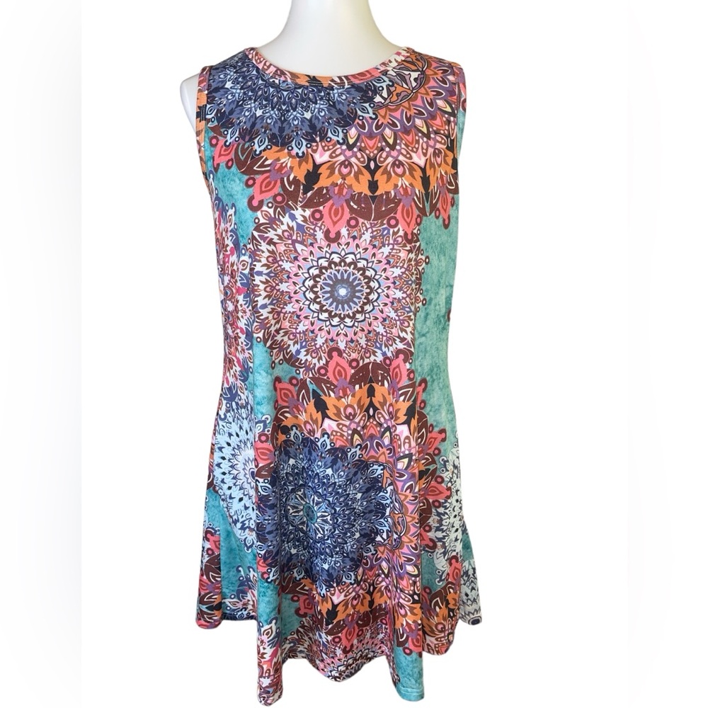 Sleeveless Dress Mosaic Print Slit Pockets Size Medium